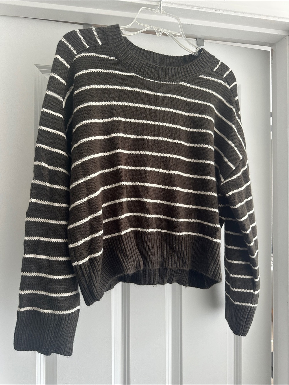Tahari Dark Green-ish Grey and White Striped Crewneck Sweater